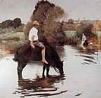 Jeune paysan faisant boire son cheval